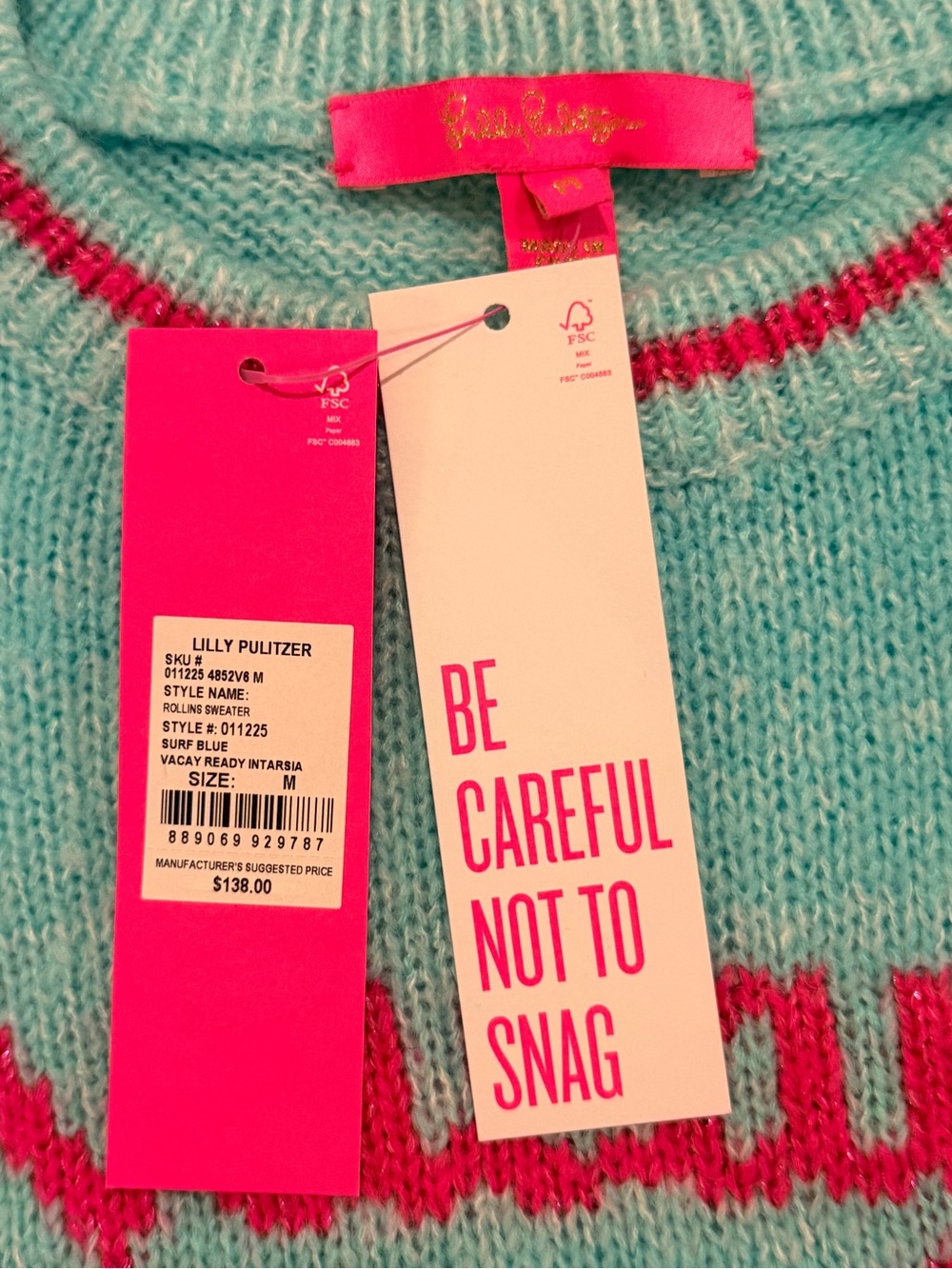 Lilly Pulitzer Aqua Crewneck Sweater with Pink "Vacay Ready" Text - Picture 2 of 3